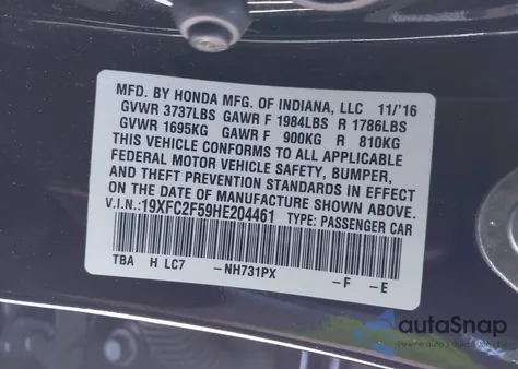2017 Honda Civic Lx из США, поврежденный, VIN 19XFC2F59HE204461